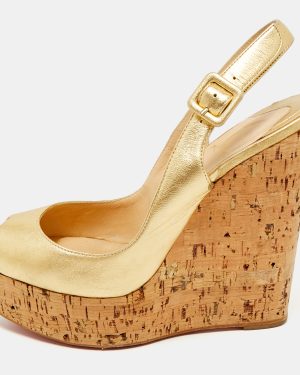 Christian Louboutin Gold Leather Cork Wedge Sandals Size 38