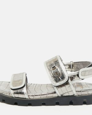 Christian Louboutin Silver Croc Embossed Leather Lock Cool Flat Sandals Size 40