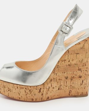 Christian Louboutin Silver Foil Leather Une Plume Peep-Toe Cork Wedge Sandals Size 40.5