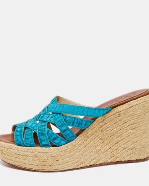 Christian Louboutin Two-Tone Pleated Fabric Crepon Espadrille Platform Wedge Sandals Size 41
