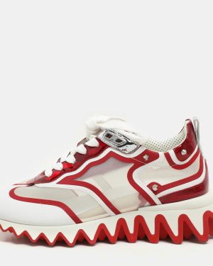 Christian Louboutin White/Red Leather and Mesh Sharkina Low Top Sneakers Size 36.5