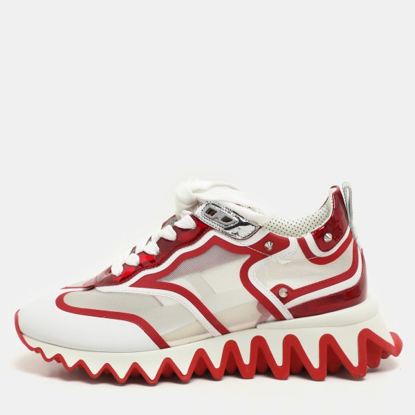Christian Louboutin White/Red Leather and Mesh Sharkina Low Top Sneakers Size 36.5