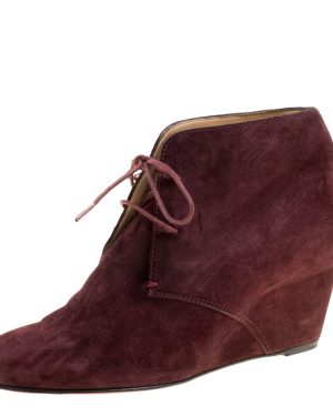 Christian Louboutin Wine Suede Compacta Wedge Heel Lace Up Boots Size 38