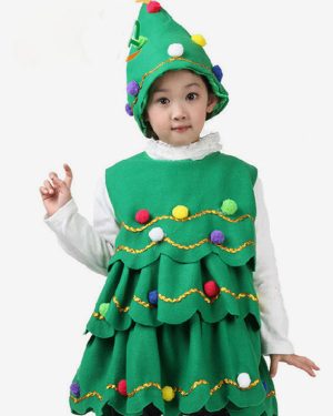 Christmas Green Santa Tree Costume Polyester Fiber Hat Dress Christmas Holidays Costumes Full Set