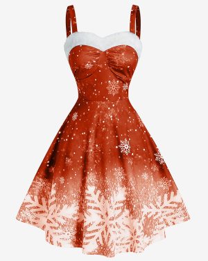 Christmas Ladies Strapless Gradient Snowflake Print Vintage Dress