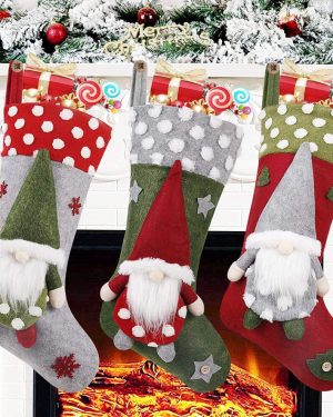 Christmas Stocking 3 Pack, 19 Inch 3D Gnomes Santa Christmas Stockings Fireplace Hanging Stockings