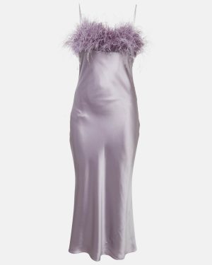 Cinq à Sept Purple Satin Silk Ostrich Feather Detail Cerise Slip Dress M