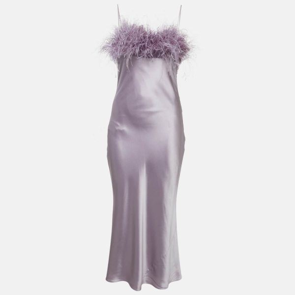 Cinq à Sept Purple Satin Silk Ostrich Feather Detail Cerise Slip Dress M