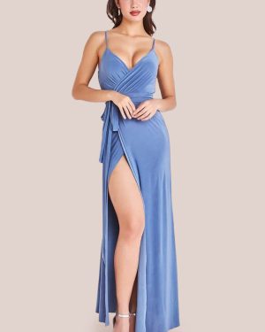 City Goddess Wrap Front Maxi Slip Dress With Waist Tie-Up - Cloudy Blue