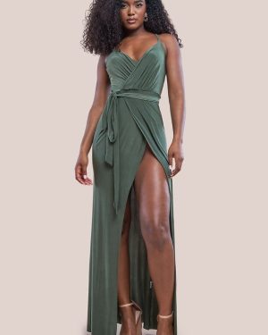 City Goddess Wrap Front Maxi Slip Dress With Waist Tie-Up - Olive Green