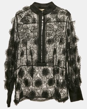 Class by Roberto Cavalli Black Organza Floral Applique and Cut-Out Sheer Blouse M