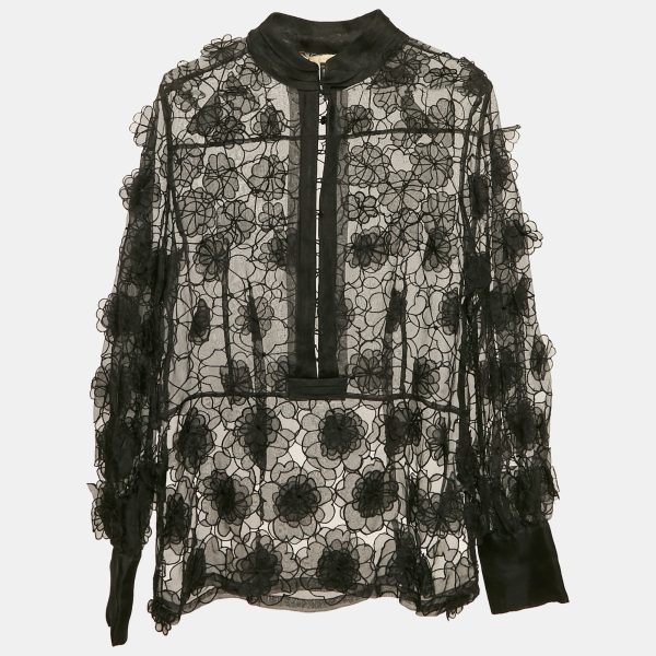Class by Roberto Cavalli Black Organza Floral Applique and Cut-Out Sheer Blouse M