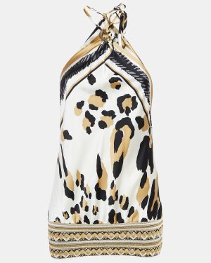 Class by Roberto Cavalli Brown Satin Embellished Halter Neck Top M