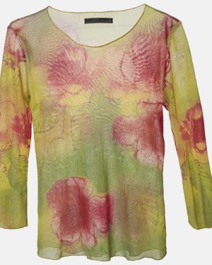 Class by Roberto Cavalli Vintage Green/Pink Floral Print Mesh Sheer Top M