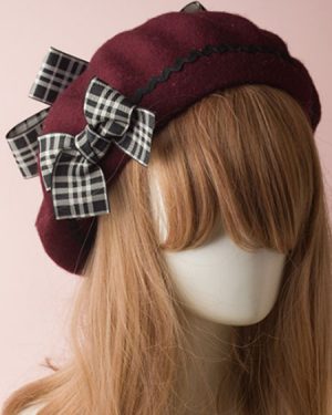 Classic Lolita Beret Plaid Bow Wool Burgundy Lolita Bowler Hat