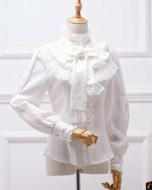 Classic Lolita Blouse White Bow Ruffle Lace Chiffon Lolita Shirt