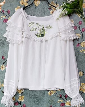 Classic Lolita Blouses Lolita Top Infanta White Long Sleeves Lace Embroidered Floral Print Lolita Shirt