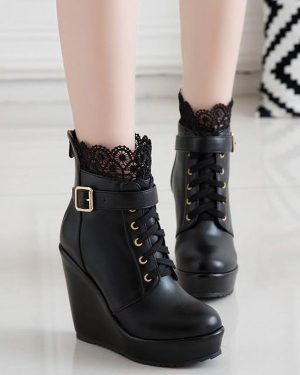 Classic Lolita Boots Lace Buckle Wedge Heel Black Lolita Shoes