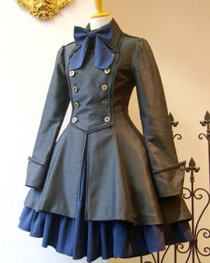 Classic Lolita Outfit Bow Zipper Lace Up Double Breasted Lolita Overcoat With Pleated Jumper Skirt