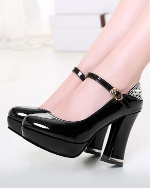 Classic Lolita Pump Rhinestone Cut Out Ankle Strap Patent Platform Chunky Heel Lolita Shoes