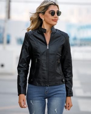 Classic Zip-up Faux Leather Moto Jacket with Stand Collar For Women 2025
