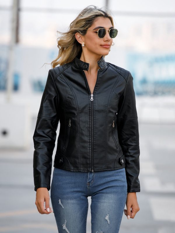 Classic Zip-up Faux Leather Moto Jacket with Stand Collar For Women 2025