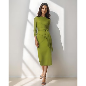Clover Wrap Dress Jersey Mermaid / Trumpet Cocktail Dresses Elegant Dress Formal Semi Formal Wedding Tea Length Long Sleeve Crew Neck Jersey with Bow(s) 2025