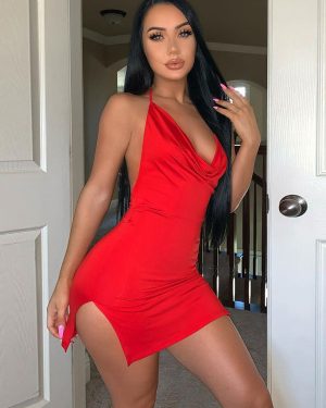 Club Dress Halter Neck Split Front Sleeveless Lycra Spandex Stretch Red Sexy Dress