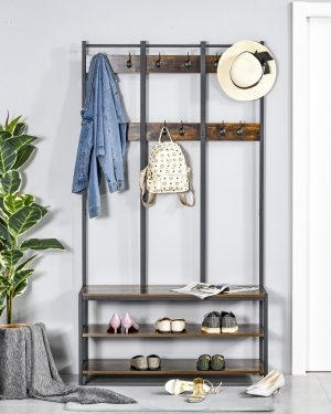Coat Rack Stand - Free Standing Hall Tree - Coat Stand with Hooks - Bench and Shoe Rack - 100cm x 40cm x 184cm - Industrial Style - Rustic Brown and B