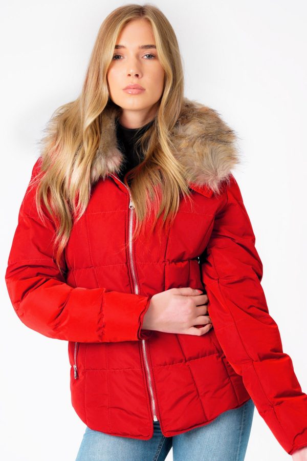 Coats / Jackets Bertie Funnel Neck Quilted Puffer Jacket With Detachable Fur Trim In Crimson / 10 - Tokyo Laundry