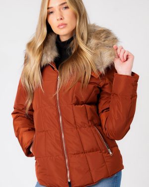 Coats / Jackets Bertie Funnel Neck Quilted Puffer Jacket With Detachable Fur Trim In Smoked Paprika / 8 - Tokyo Laundry