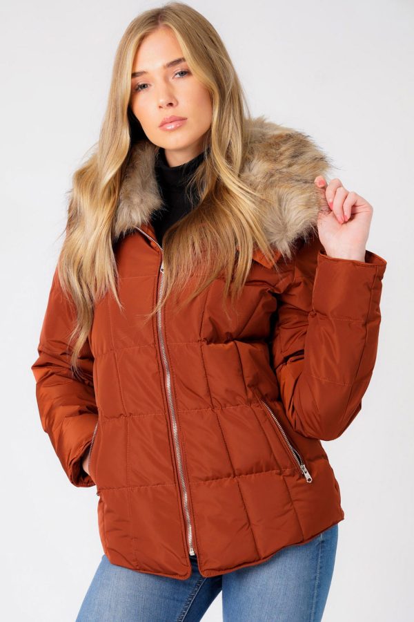 Coats / Jackets Bertie Funnel Neck Quilted Puffer Jacket With Detachable Fur Trim In Smoked Paprika / 8 - Tokyo Laundry