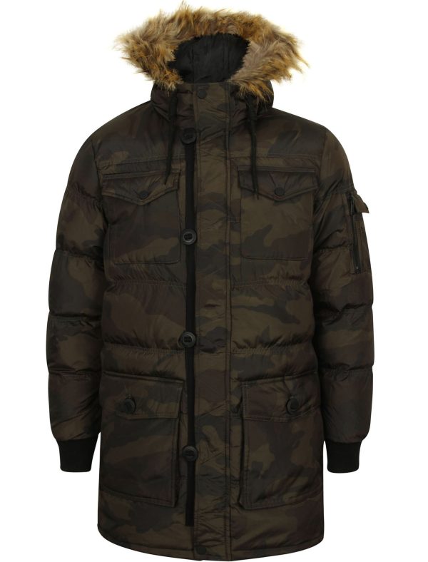 Coats / Jackets Canton Quilted Puffer Coat With Fur Trim Hood In Khaki Camo - Dissident / M - Tokyo Laundry
