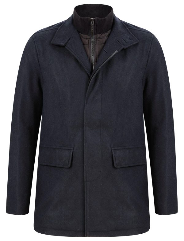 Coats / Jackets Indus Wool Look Funnel Neck Collar Tailored Coat with Quilted Mock Insert in Navy / S - Tokyo Laundry