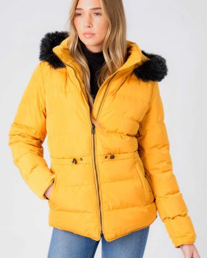 Coats / Jackets Jasmin Quilted Puffer Jacket With Faux Fur Trim Hood In Old Gold / 8 - Tokyo Laundry