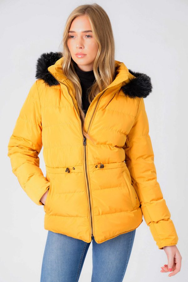 Coats / Jackets Jasmin Quilted Puffer Jacket With Faux Fur Trim Hood In Old Gold / 8 - Tokyo Laundry