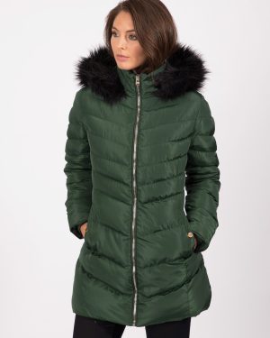 Coats / Jackets Lotus Longline Quilted Puffer Coat with Faux Fur Trim Hood in Dark Green / 8 - Tokyo Laundry