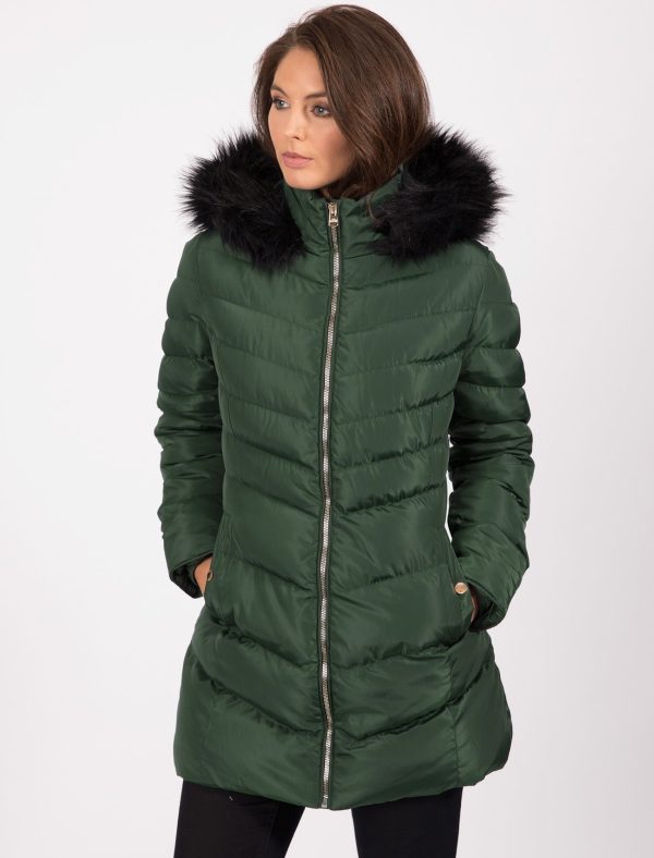Coats / Jackets Lotus Longline Quilted Puffer Coat with Faux Fur Trim Hood in Dark Green / 8 - Tokyo Laundry