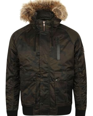 Coats / Jackets Marius Camo Print Bomber Jacket with Fur Lined Hood in Khaki - Dissident / XL - Tokyo Laundry