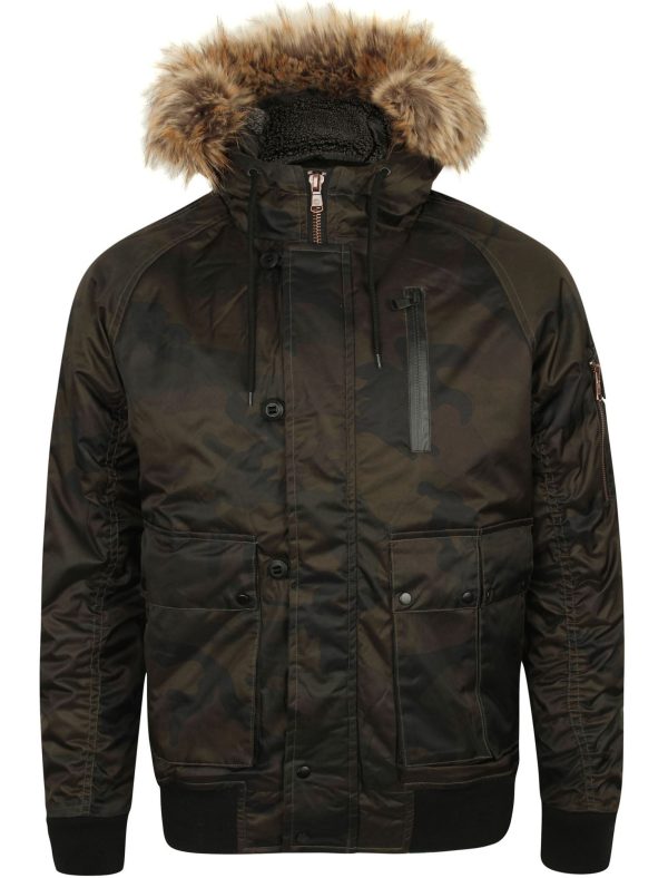Coats / Jackets Marius Camo Print Bomber Jacket with Fur Lined Hood in Khaki - Dissident / XL - Tokyo Laundry