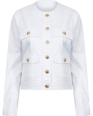 Coats / Jackets Morlich Women's Stretch Cotton Collarless Denim Jacket in Optic White - Amara Reya / 10 - Tokyo Laundry