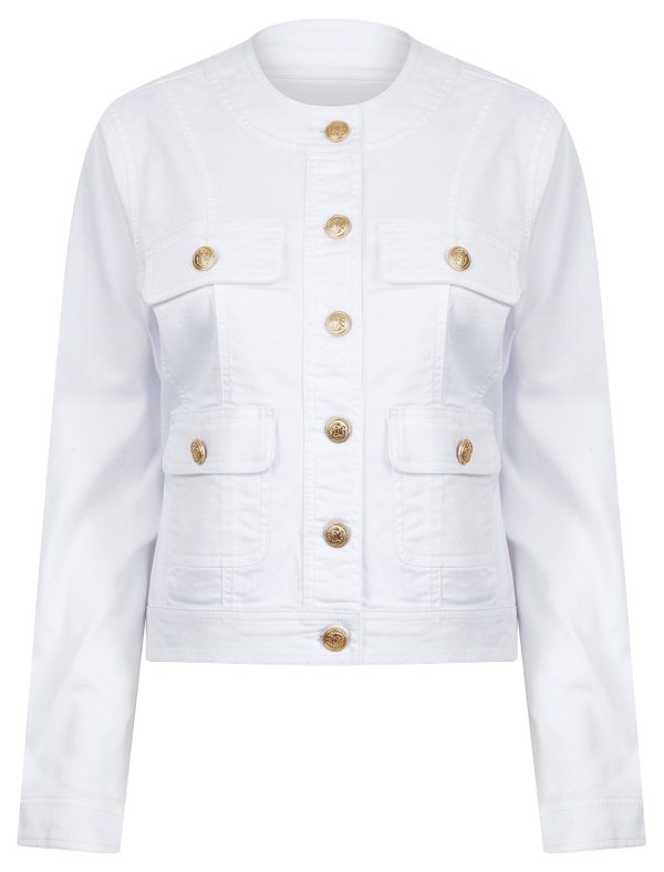 Coats / Jackets Morlich Women's Stretch Cotton Collarless Denim Jacket in Optic White - Amara Reya / 10 - Tokyo Laundry