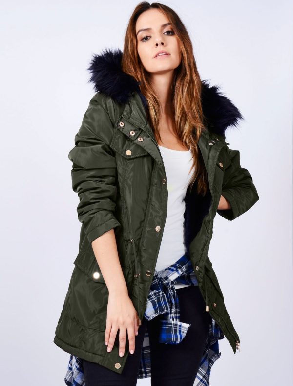 Coats / Jackets Tonya Blue Fur Lined Parka Coat in Khaki / 10 - Tokyo Laundry