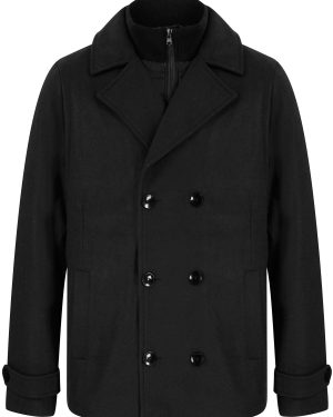 Coats / Jackets Uxmal Double Breasted Wool Look Pea Coat with Quilted Mock Insert in Black / L - Tokyo Laundry
