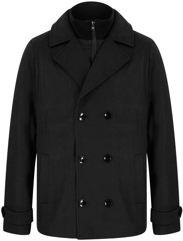 Coats / Jackets Uxmal Double Breasted Wool Look Pea Coat with Quilted Mock Insert in Black / L - Tokyo Laundry