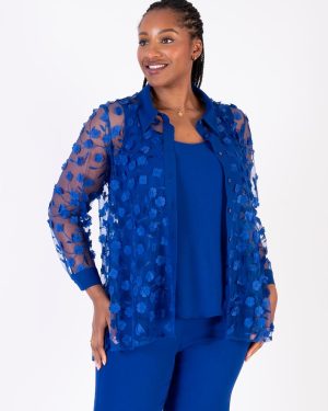 Cobalt 3-D Daisy Embroidered Mesh Shirt with Chiffon Trim