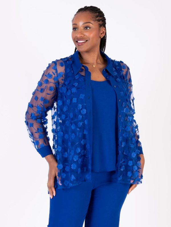 Cobalt 3-D Daisy Embroidered Mesh Shirt with Chiffon Trim