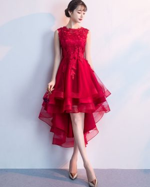 Cocktail Party Dresses Red High Low Prom Dress Lace Applique Asymmetrical Party Dress