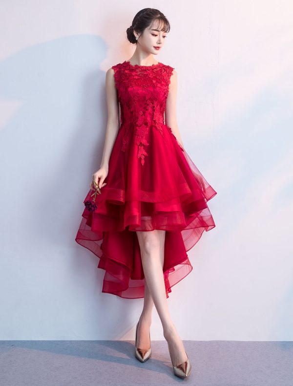 Cocktail Party Dresses Red High Low Prom Dress Lace Applique Asymmetrical Party Dress