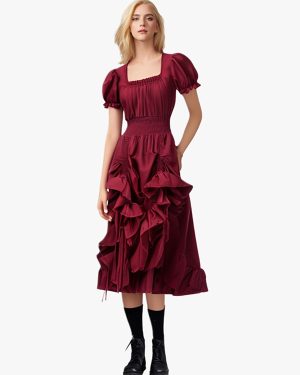 Coffee Brown Retro Costumes Pleated Costume Dress Women's Elegant Tunic Costume